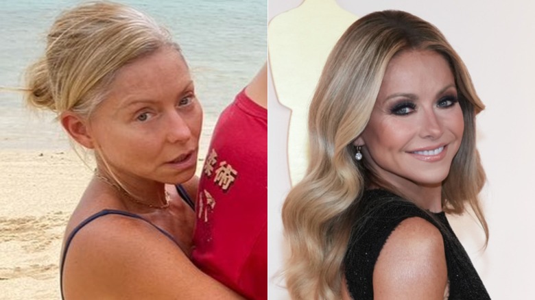 Split image of Kelly Ripa without makeup and wearing makeup