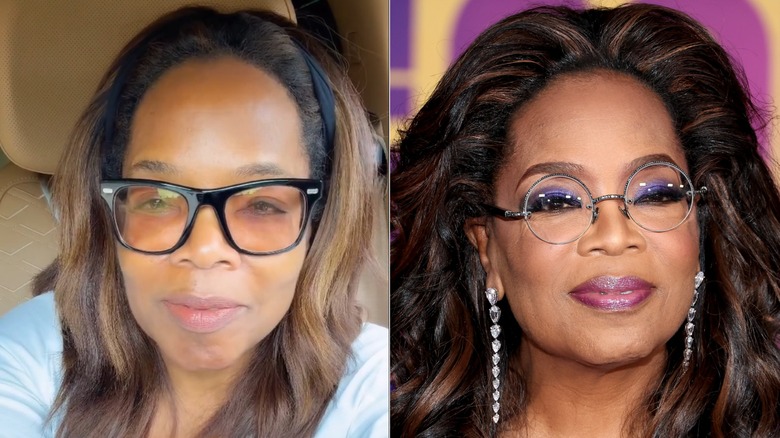 Split image of Oprah Winfrey without makeup and wearing makeup