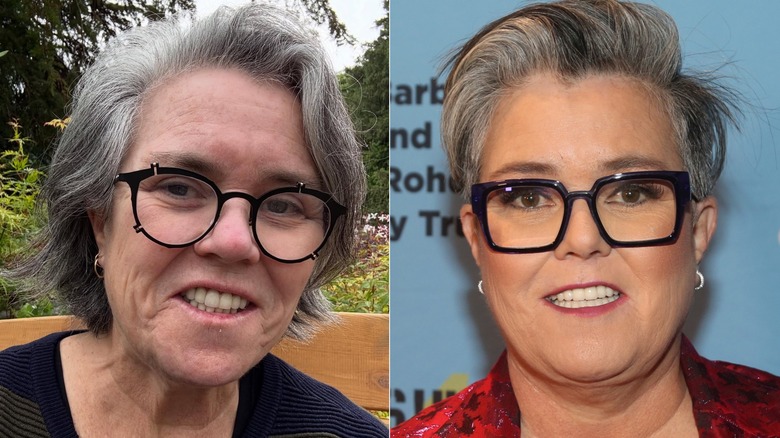 Split image of Rosie O'Donnell without makeup and wearing makeup