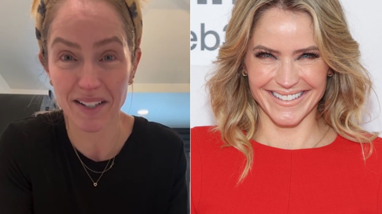 Split image of Sara Haines without makeup and wearing makeup