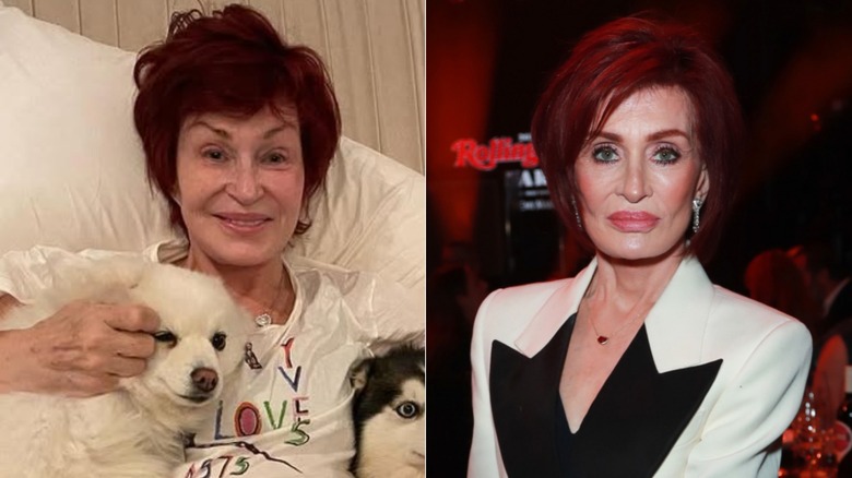 Split image of Sharon Osbourne without makeup and wearing makeup