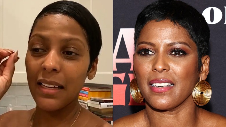 Split image of Tamron Hall without makeup and wearing makeup