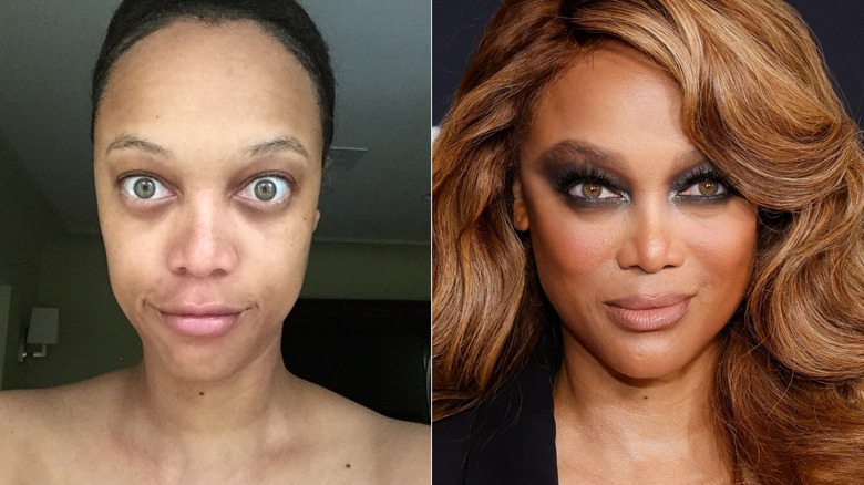 Split image of Tyra Banks without makeup and wearing makeup