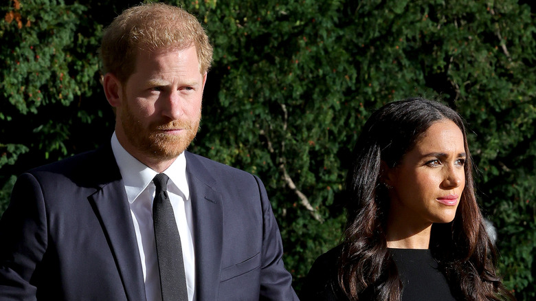 Prince Harry and Meghan Markle looking perplexed ahead of a wall of hedges during their U.K. trip for Queen Elizabeth's memorial in 2022