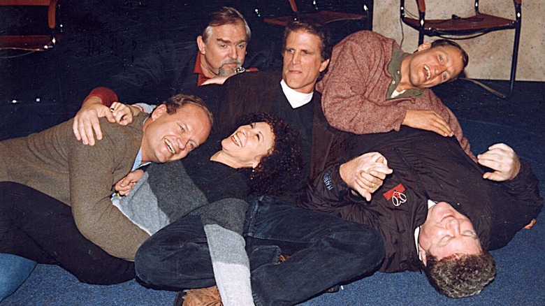 The cast of "Cheers" plays around while attending a reunion special