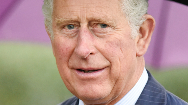 Prince Charles standing under umbrella