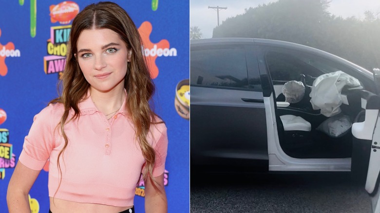 Side-by-side of Raegan Revord and an image she posted of her car after the accident