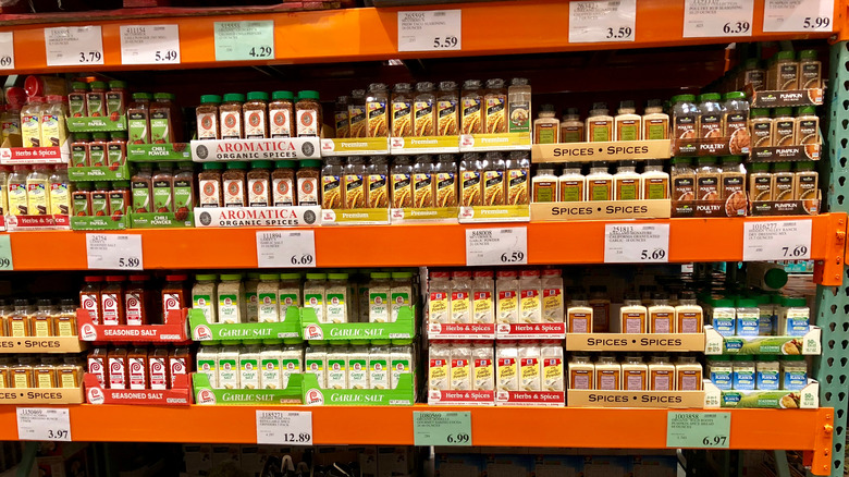 Shelves of seasoning at Costco.