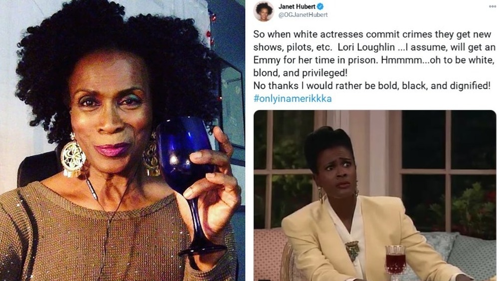 Janet Hubert selfie with wine glass / Tweet about Lori Loughlin