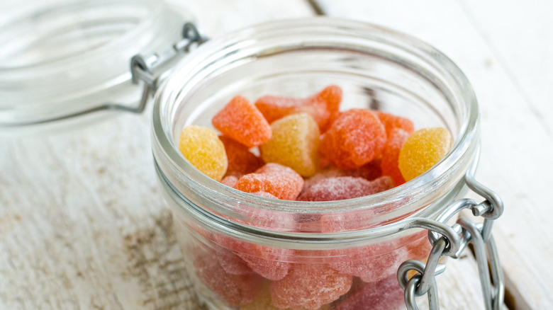 Gummy vitamins in a glass jar