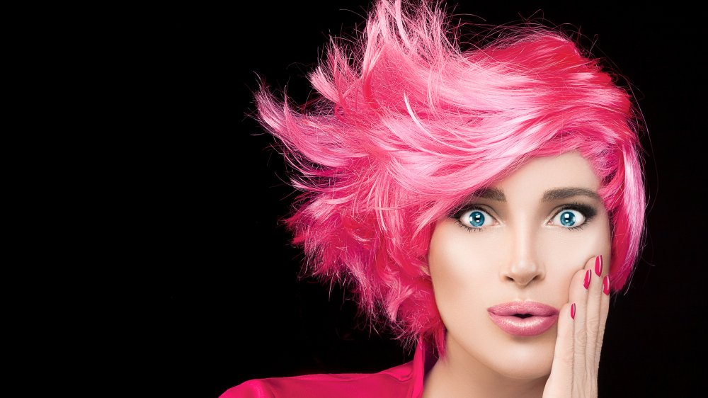 Model with dyed pink hair