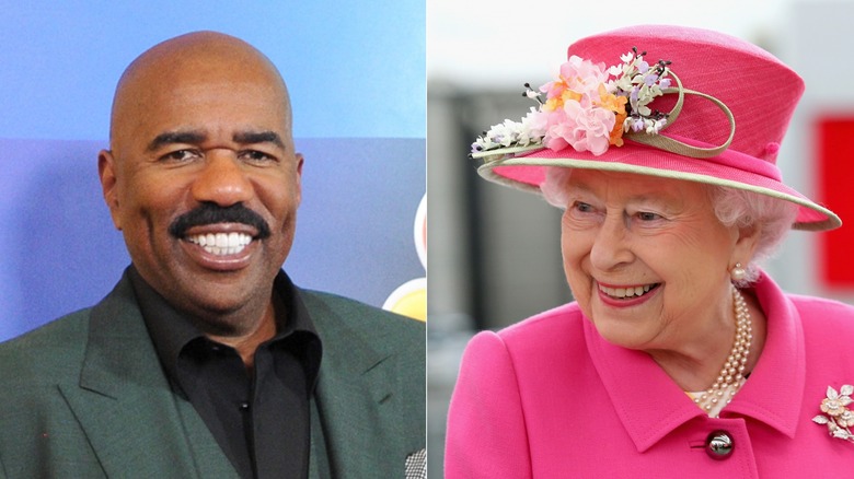 Steve Harvey and Queen Elizabeth smiling split screen