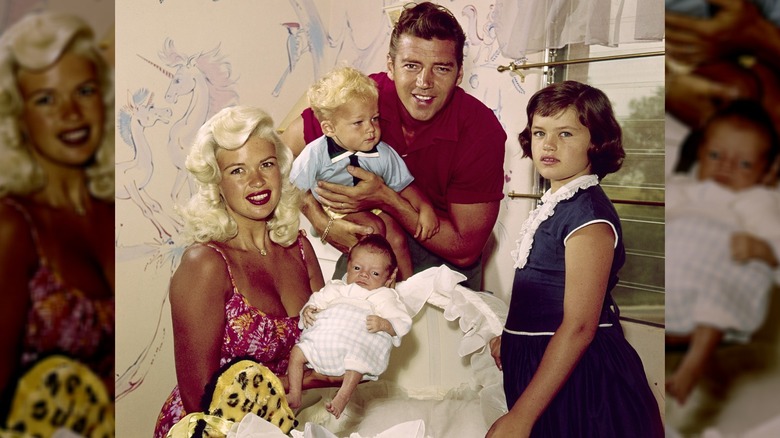 Jayne Mansfield with her husband Mickey Hargitay, and children Jayne Marie (right), Miklos and baby Zoltan, 1960.