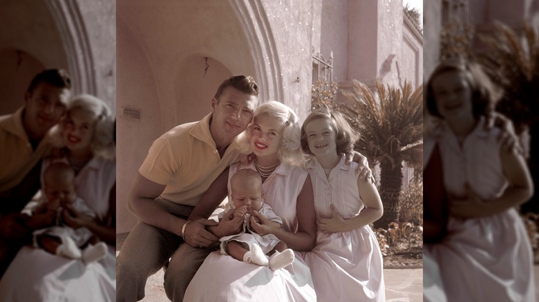 Mickey Hargitay, Jayne Mansfield, Mickey Jr., and Jayne Marie outside the Pink Palace.