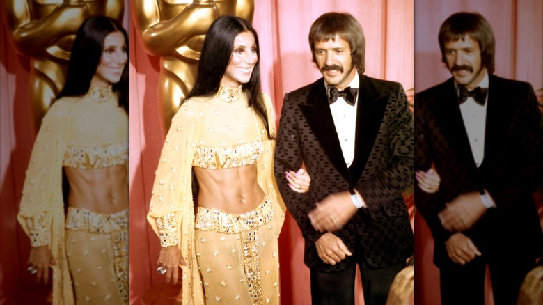 Cher linking arms with Sonny Bono