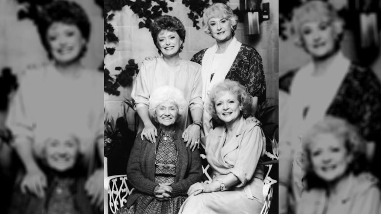 Promotional portrait of the cast of the TV series, 'The Golden Girls,' 1980s. Clockwise, from top left: Rue McClanahan, Bea Arthur, Betty White, and Estelle Getty.