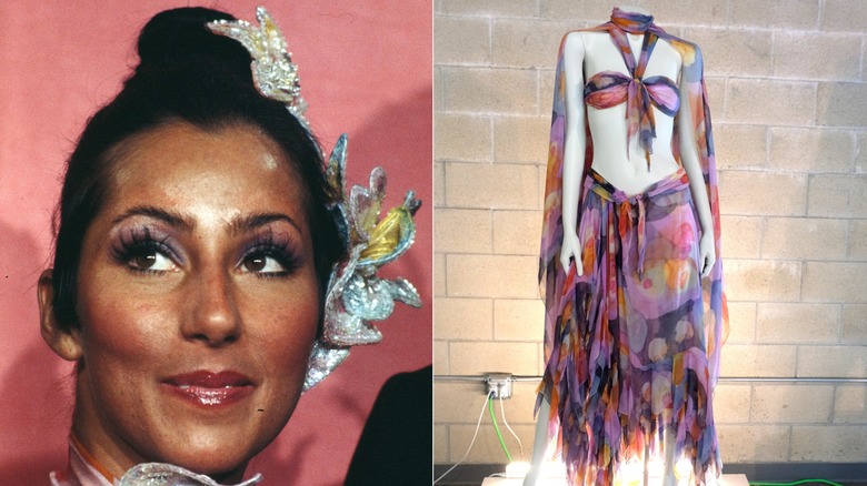 Side by side image of Cher backstage at the 1974 Oscars and her dress on display at an auction