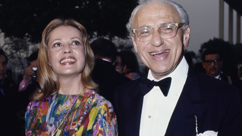 Jeanne Moreau with George Cukor smiling on the 1971 Oscars red carpet