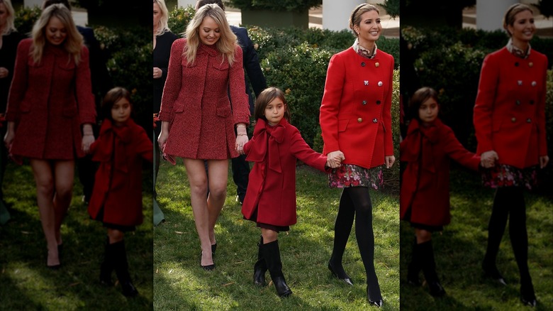 President Donald Trump's daughters Tiffany Trump (L) and Ivanka Trump and her daughter Arabella Kushner leave the Rose Garden after the pardoning ceremony for the National Thanksgiving Turkey at the White House November 21, 2017 in Washington, DC (2017)