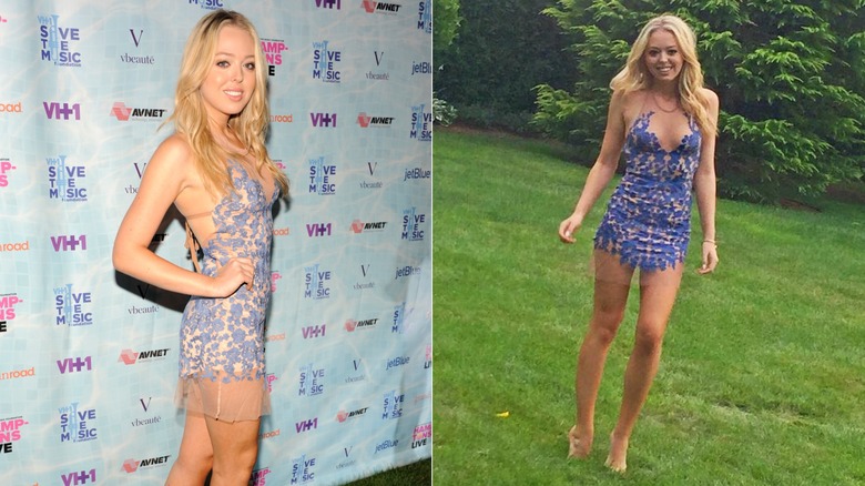 Split image of Tiffany Trump smiling at VH1 Save The Music Foundation's "Hamptons Live" benefit on August 8, 2015 & Tiffany Trump smiling in a grassy yard wearing a blue sheer dress (2015)