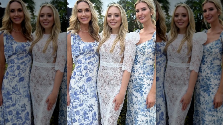 Lara, Ivanka, and Tiffany Trump wearing floral dresses in a garden