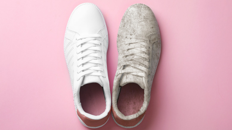 white sneakers before and after, one dirty, one clean