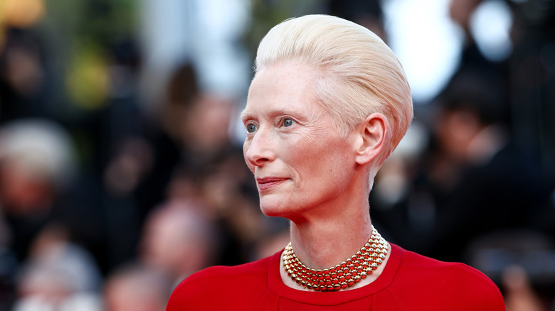 Tilda Swinton posing on the red carpet at the 79th annual Cannes Film Festival