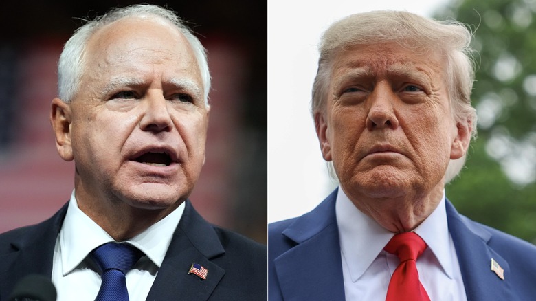 Side-by-side pics of Tim Walz and Donald Trump