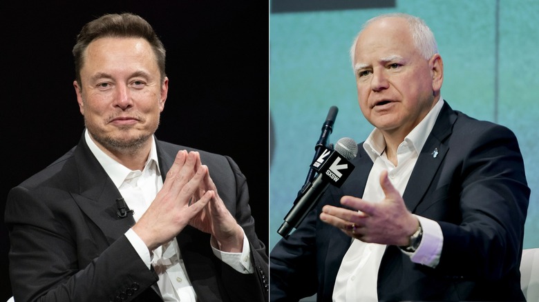 Side-by-side images of Elon Musk and Tim Walz