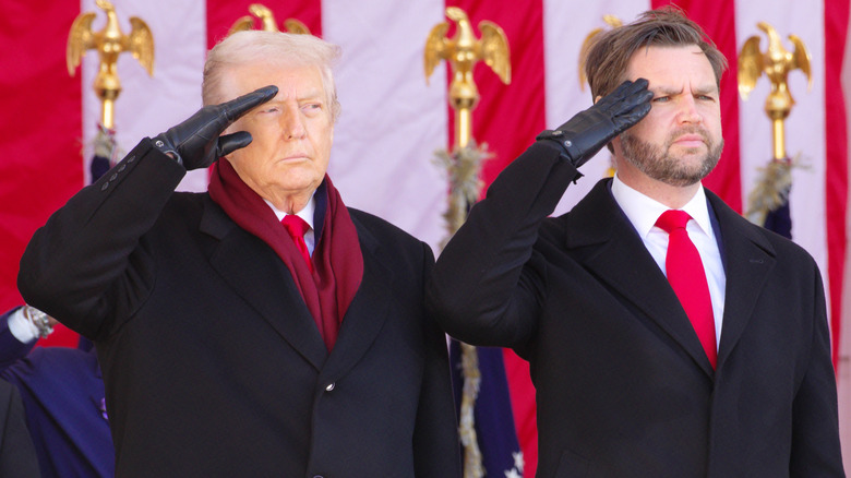 JD Vance and Donald Trump salute in front of a U.S. flag backdrop.