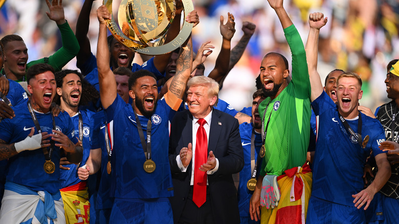 Donald Trump reacts following the FIFA Club World Cup 2025 Final match between Chelsea FC and Paris Saint-Germain at MetLife Stadium on July 13, 2025 in East Rutherford, New Jersey.
