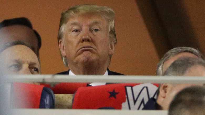 Donald Trump attends Game Five of the 2019 World Series between the Houston Astros and the Washington Nationals at Nationals Park on October 27, 2019 in Washington, DC.