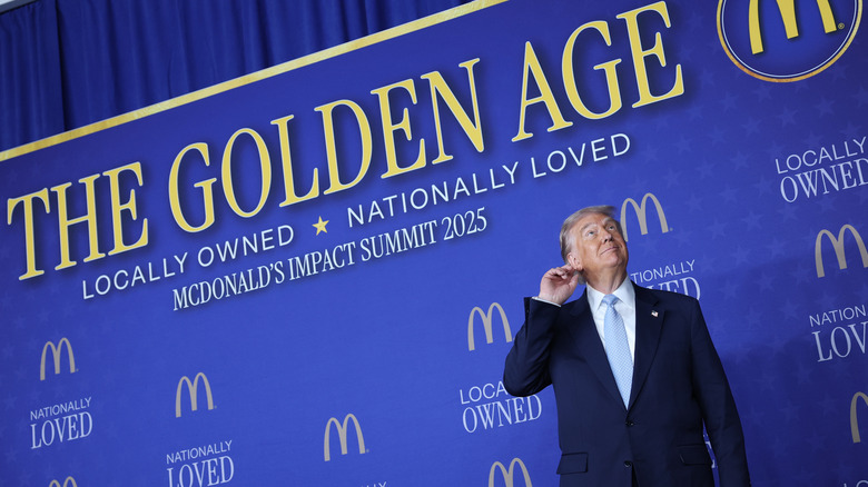 Donald Trump looking mightily impressed with himself as he poses in front of a McDonald's backdrop