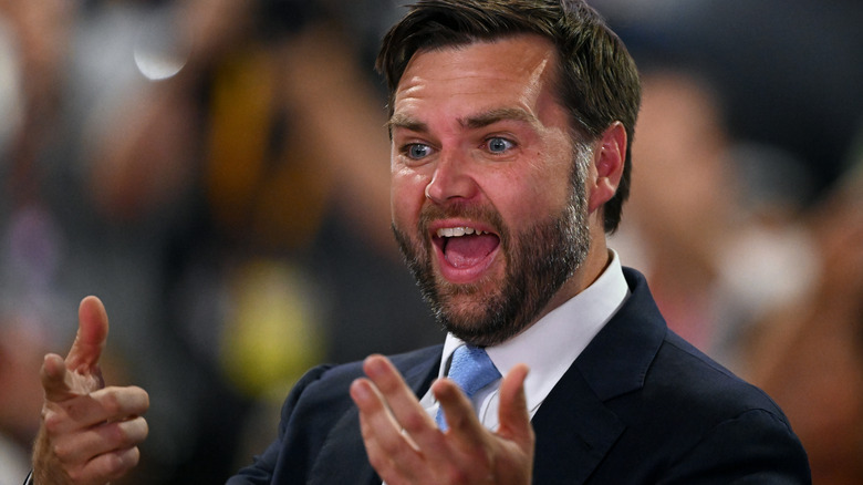 JD Vance looking slightly crazed while delivering a speech