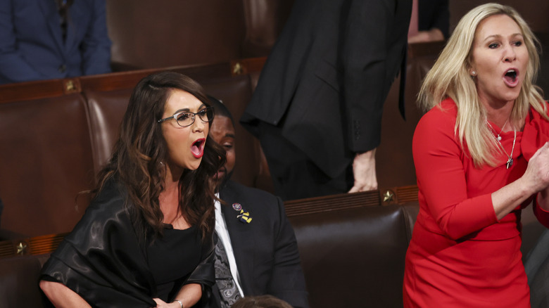 Lauren Boebert and Marjorie Taylor Greene shouting at Joe Biden