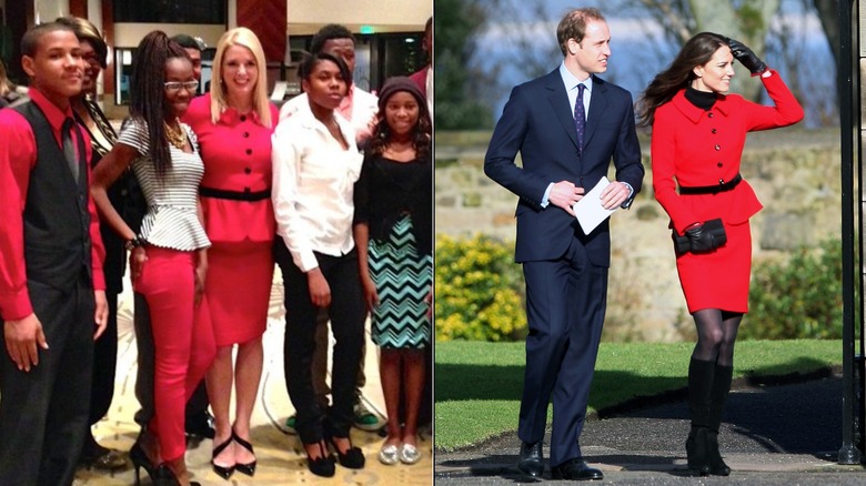 Split image of Pam Bondi and Princess Catherine wearing what appears to be the same red suit dress with black buttons.