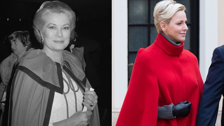 Split image of Princess Grace and Princess Charlene wearing capes
