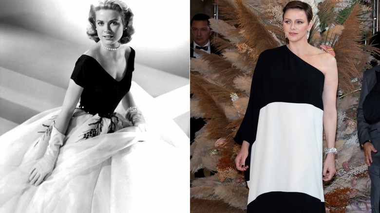 Split image of Princess Grace and Princess Charlene in black and white dresses