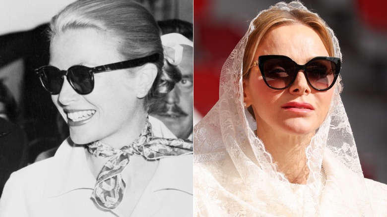 Split image of Princess Grace sailing in 1956 vs Princess Charlene meeting Pope Leo in 2026