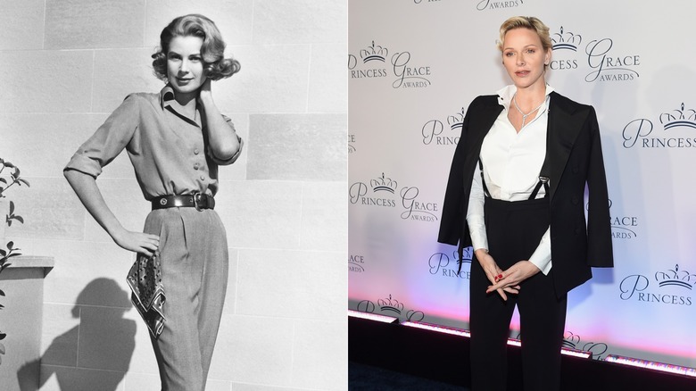 Split image of Princess Grace and Princess Charlene in trousers and button-down shirts