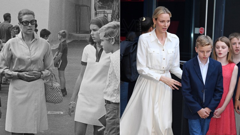 Split image of Princess Grace on a school run and Princess Charlene in Germany with her kids