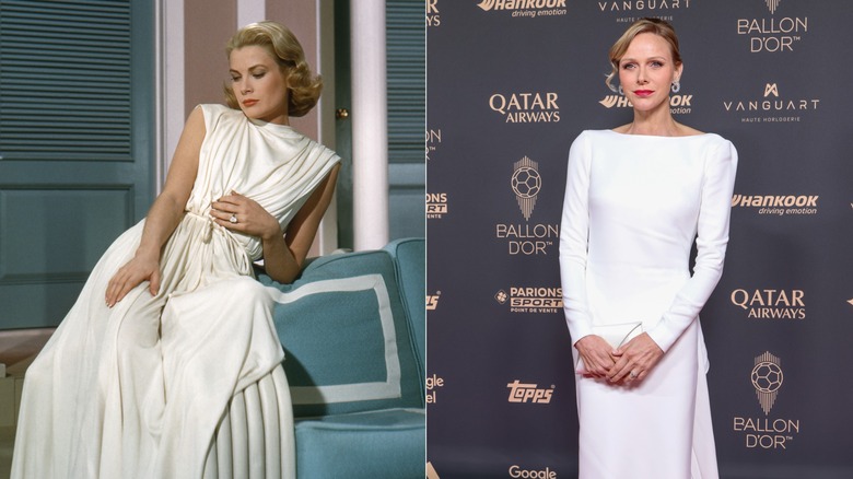 Split image of Princess Grace posing in a white gown for a portrait and Princess Charlene at the Ballon D'Or