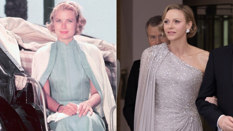 Split image of Princess Grace in a carriage and Princess Charlene at the 2026 Rose Ball