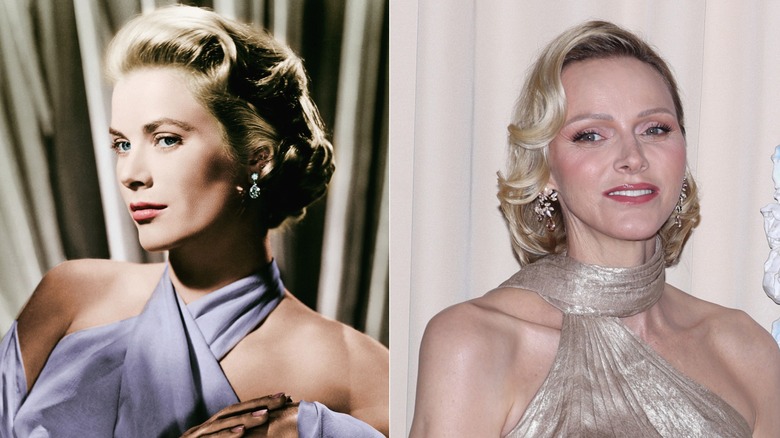 Split image of Princess Grace and Princess Charlene in halter neck gowns