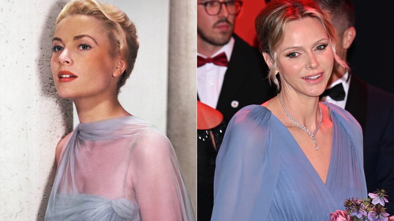 Split image of Grace Kelly and Princess Charlene in sheer blue dresses