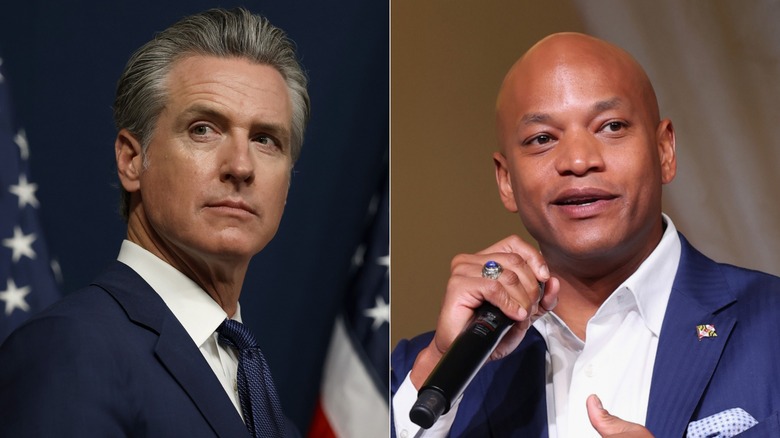 Split image of Gavin Newsom looking over his shoulder and Wes Moore speaking into a microphone.
