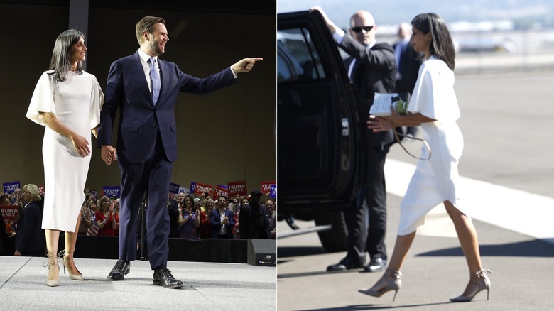 split screen of Usha Vance smiing while JD Vance points and Usha Vance walking to a car
