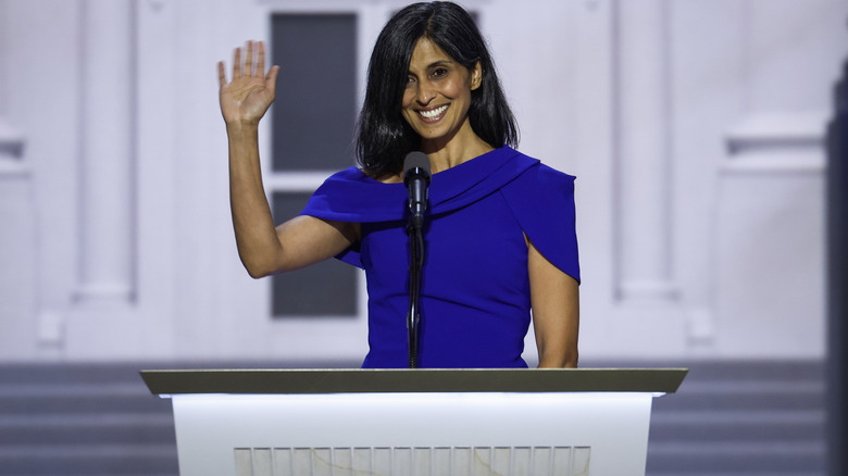 Usha Vance waving at the audience while delivering a speech at the 2024 RNC