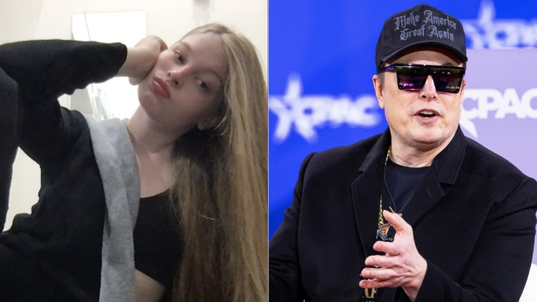 A split image of Elon Musk and his daughter posing for photos