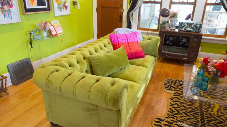 brightly colored, maximalist living room